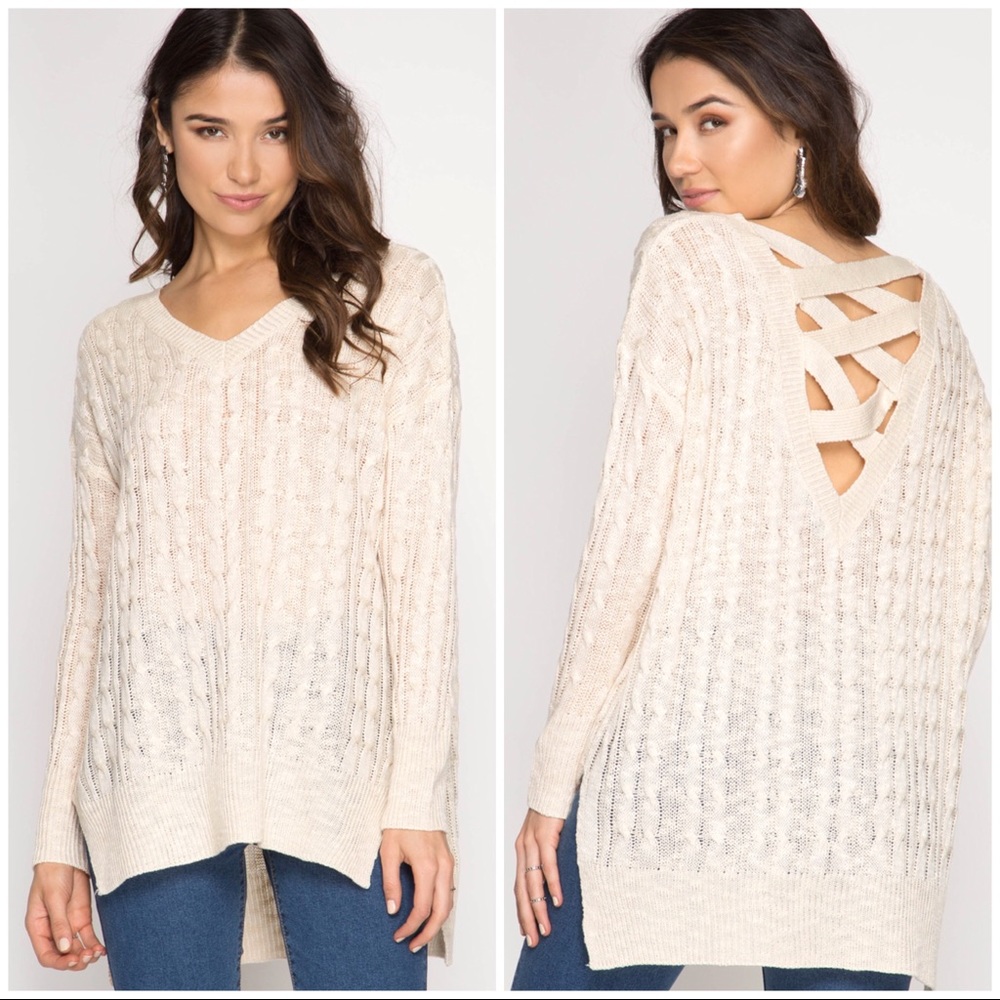 Lattice back cream cable knit sweater